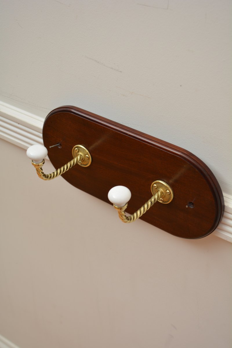 Antique Mahogany And Brass Coat Rack Coat Hooks - Image 3